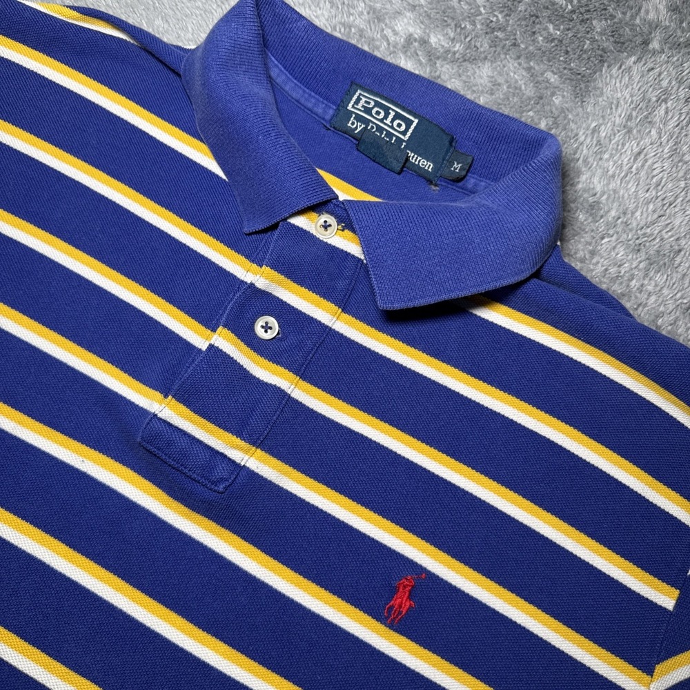 VTG 90s Polo Ralph Lauren Men's Medium Short Sleeve Blue & Yellow Striped Shirt